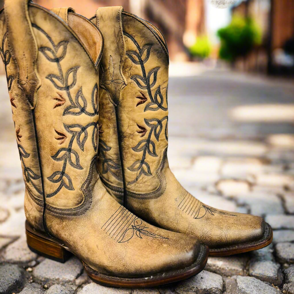 L2032 BROWN FLOWER BOOTS, a distressed brown with some black throughout. Narrow Square Toe with a Dress Heel Black and Maroon Floral Stitching on the Shaft Love the Brown and Black color L2032 BROWN FLOWER BOOTS, a distressed brown with some black throughout. Narrow Square Toe with a Dress Heel Black and Maroon Floral Stitching on the Shaft Love the Brown and Black color