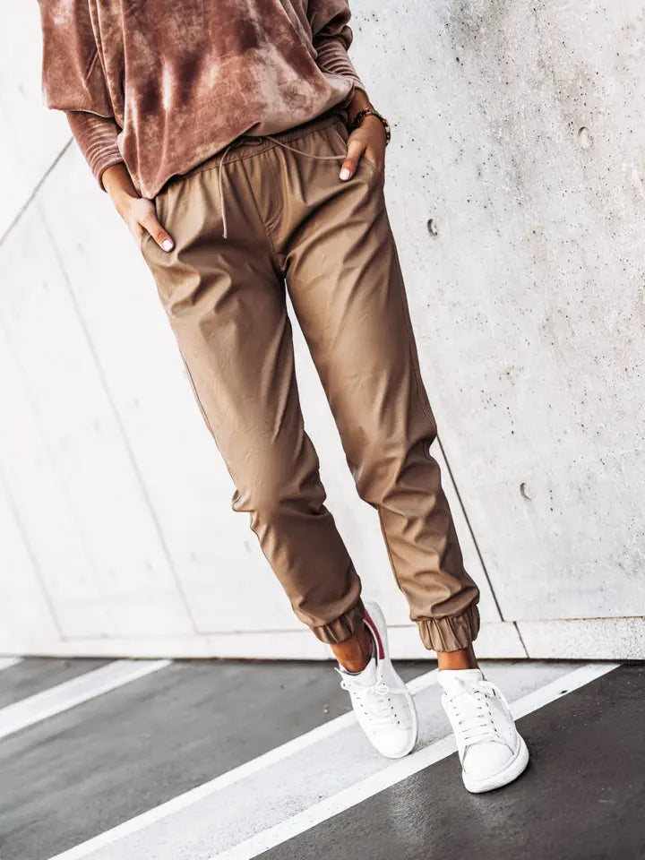 Leather drawstring joggers top