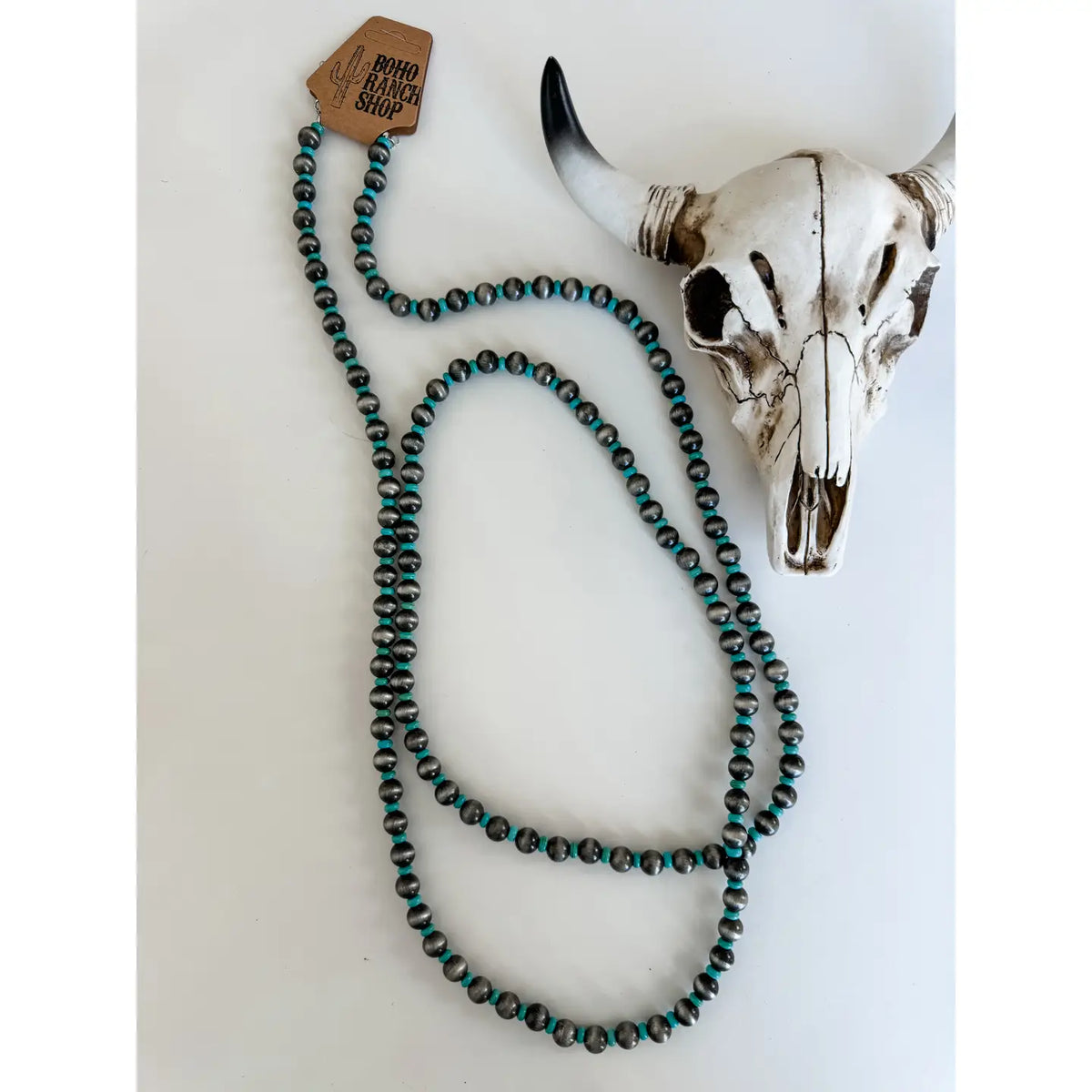 60″ Navajo Style Pearl Necklace with turquoise.