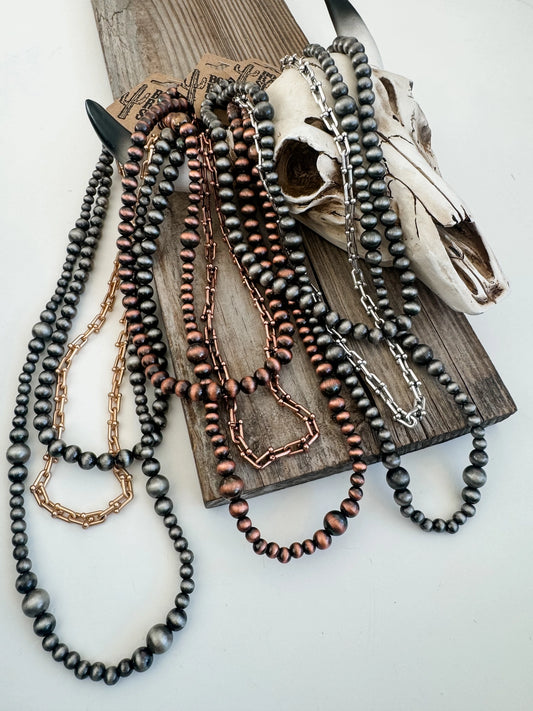 Layered Navajo Bead Necklace Navajo Bead Semi Stone Necklace | Southwestern Jewelry Western Punchy Rodeo3 Layer Navajo Style Pearl Western Necklace Set 18″, 20″, 24″ + 3″ extension Lobster clasp 3 separate necklaces