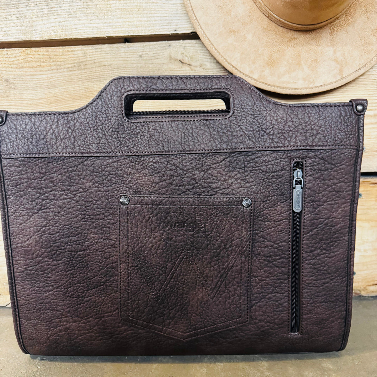 laptop tote carry all cowhide and tooled leather wrangler brand, western flare 