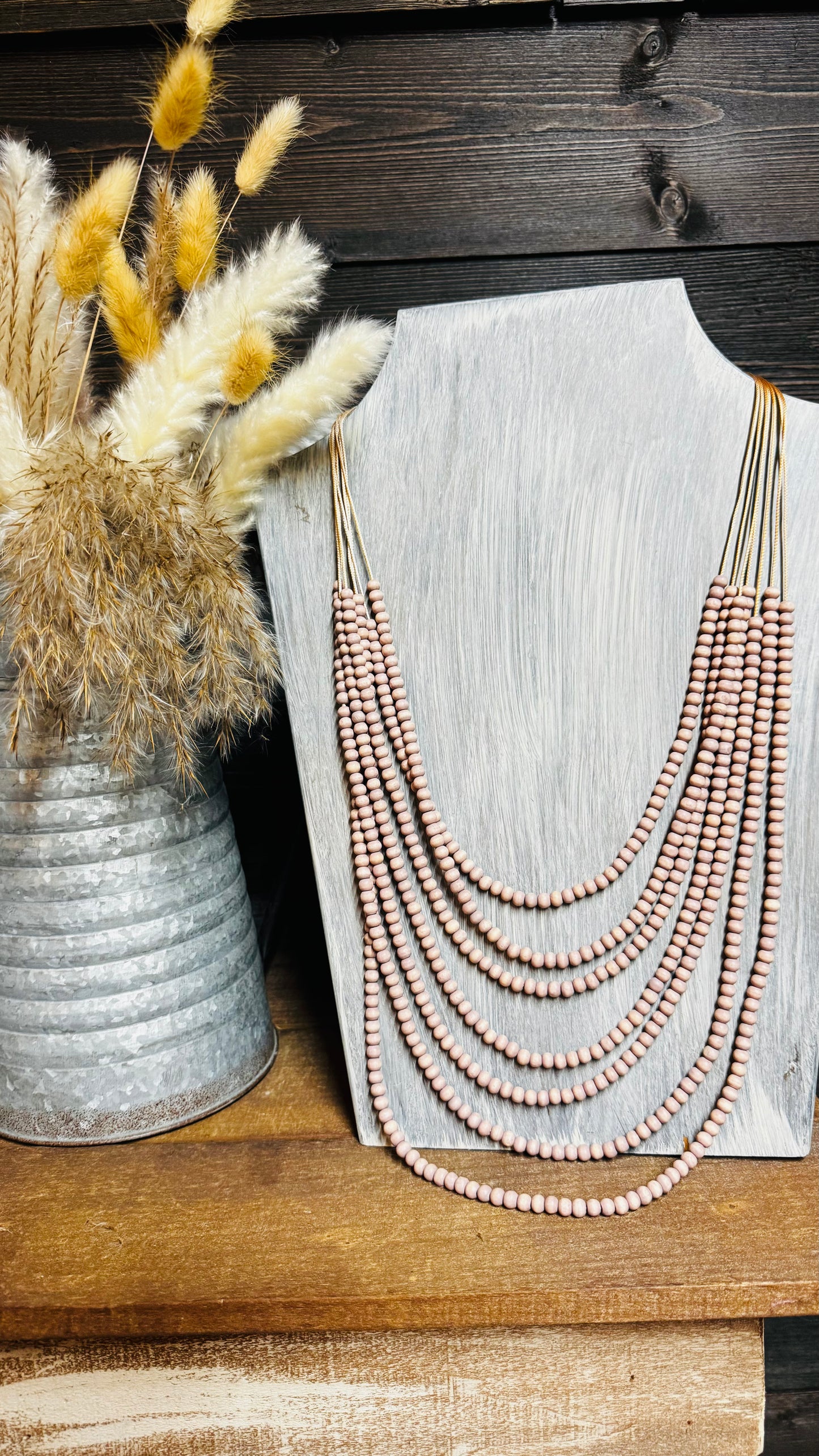 Multi Strand Wood Bead Necklace Gold hardware, beige colored wood beads 26″, 34” and 3″ Extension Lobster clasp closure