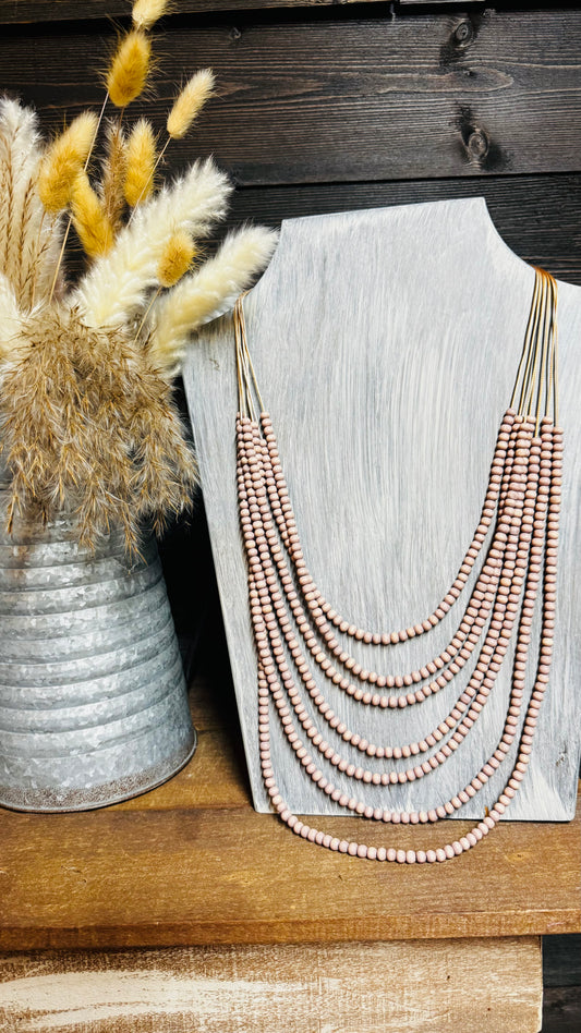 Multi Strand Wood Bead Necklace Gold hardware, beige colored wood beads 26″, 34” and 3″ Extension Lobster clasp closure