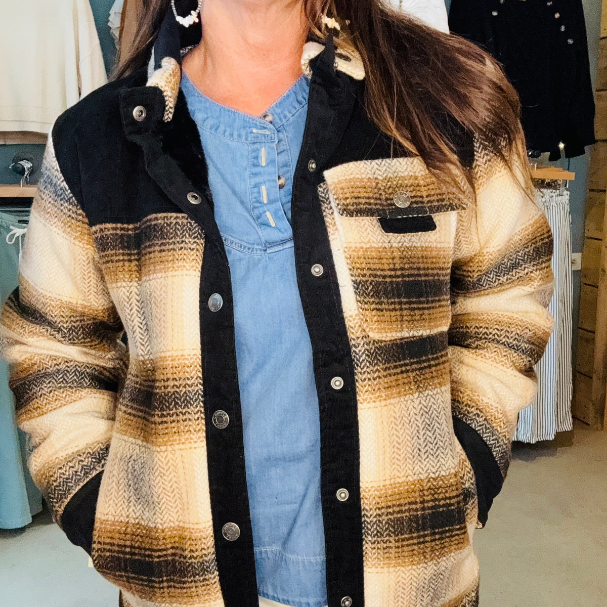 A Two Toned Plaid Jacket that is functional in so many ways. Yeah, you can wear this on the farm or ranch as a chore jacket. But, you could also wear this as your everyday cold weather leaving the house for whatever jacket as well. It has a plush lining on the inside that is so comfortable, the entire jacket is soft and moves with you. It DOES NOT give that restricted feeling.