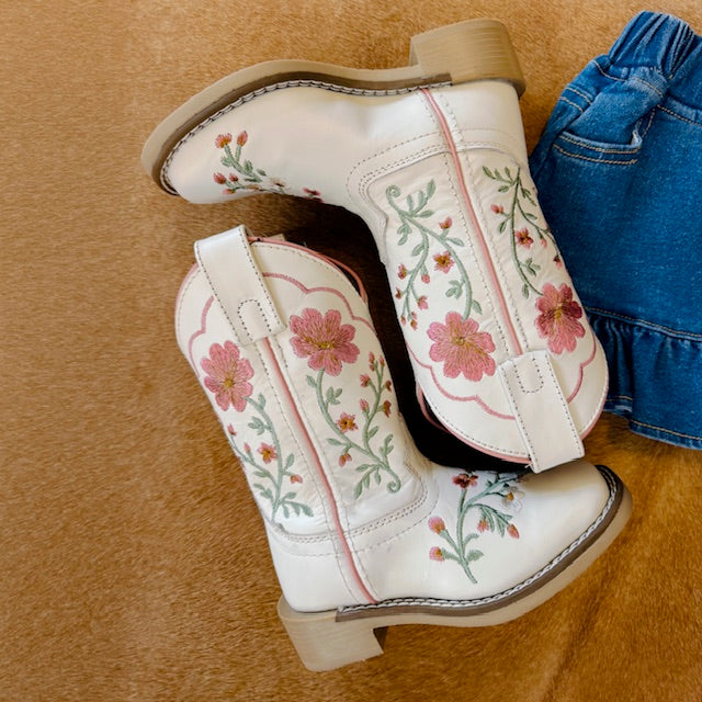 This White Cowgirl Boot with floral embroidery is a sweet as the girl who will be wearing it.
