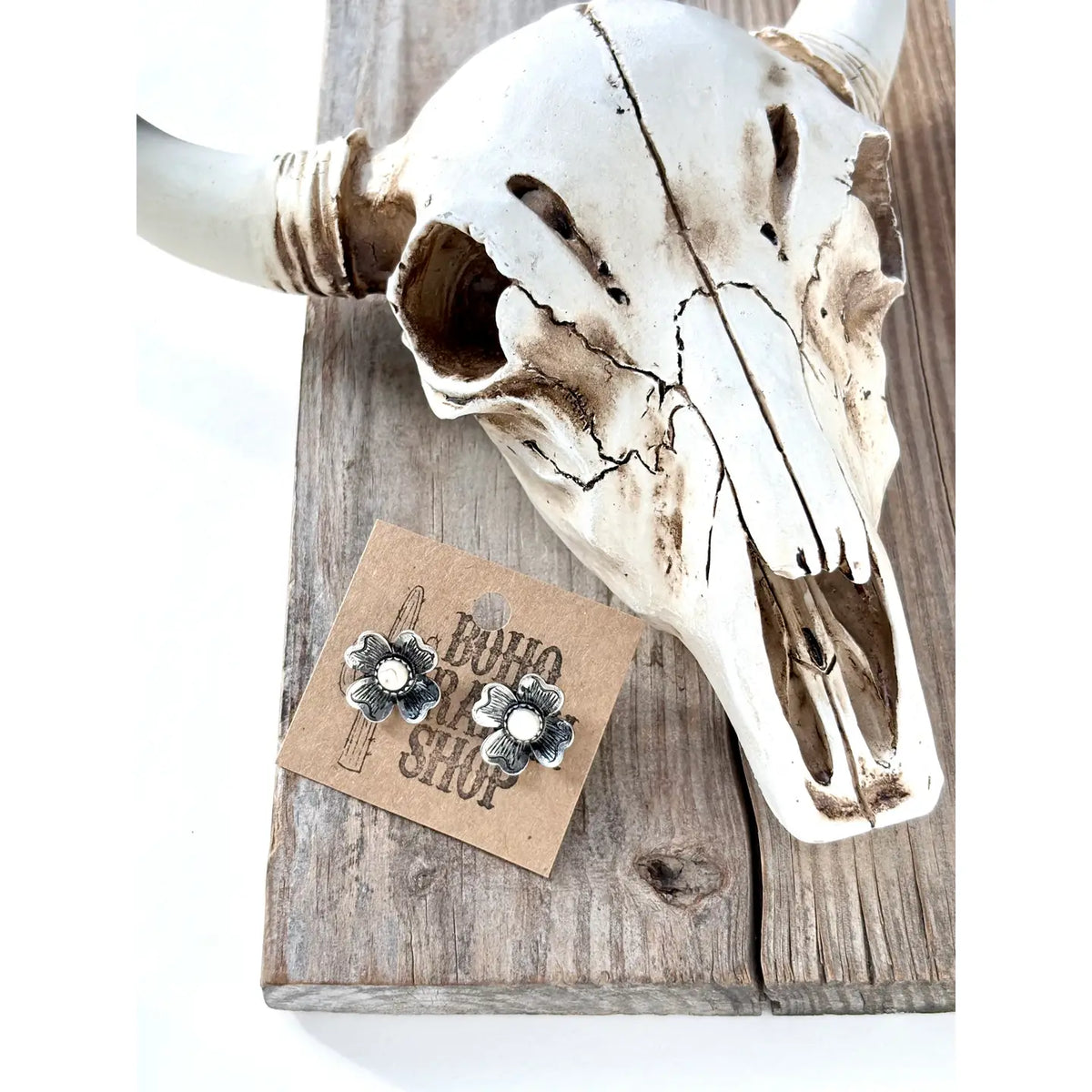 Western Style Flower w/ Stone Stud Earrings Size: 0.75"L Post Back Engraved Brushed Silver, Semi-Genuine