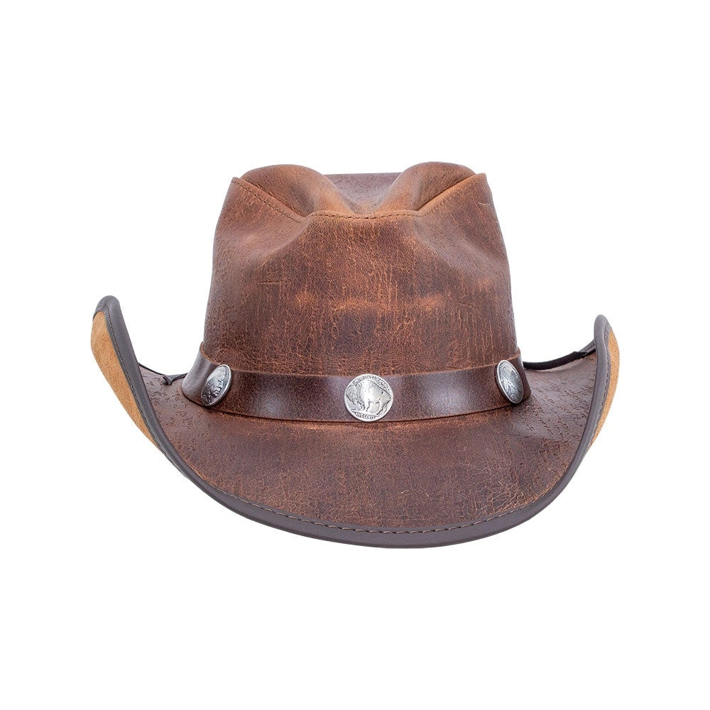 A Unisex Leather Cowboy Hat that offers rugged style with a unique pinched cyclone shape. Crafted from genuine leather and featuring concho accents, this medium-brim hat is perfect for men seeking a bold, durable look for any adventure